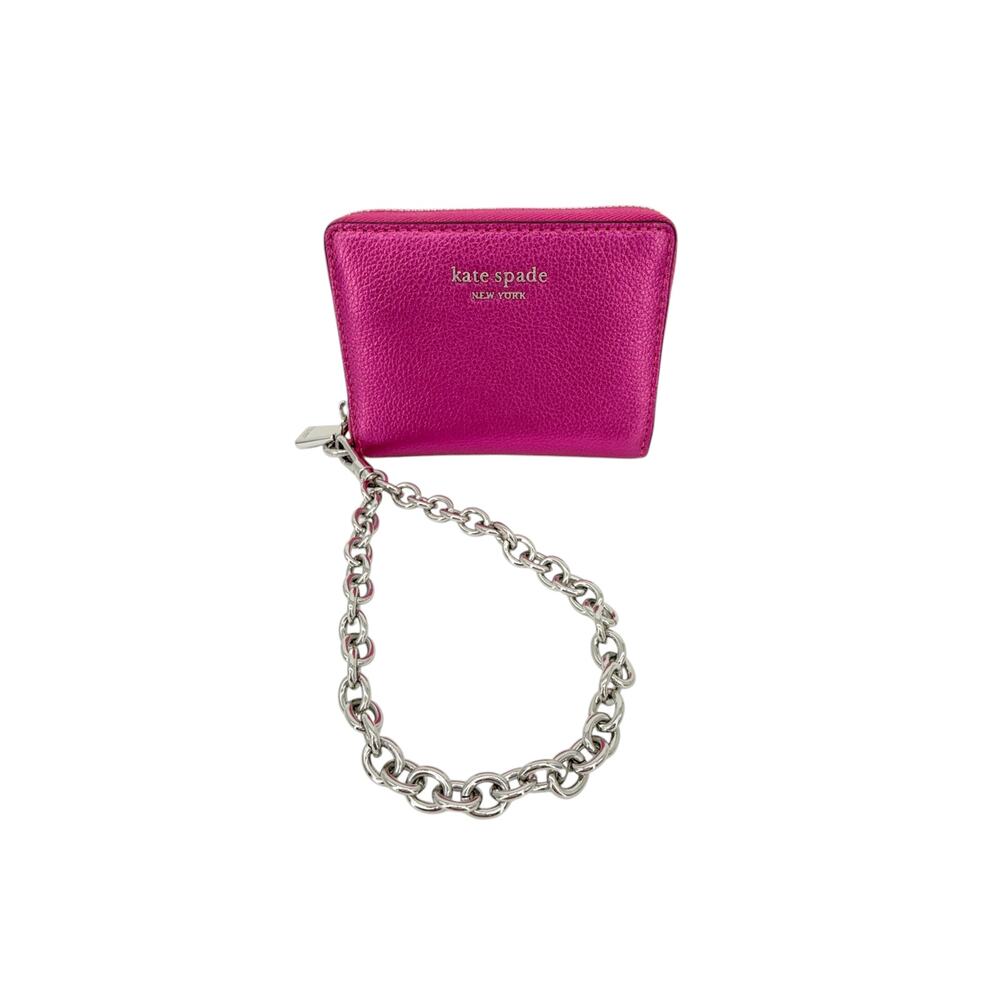 KATE SPADE Natasha Metallic Pebbled Leather Chain Compact Wristlet Bikini Pink - Picture 5 of 10
